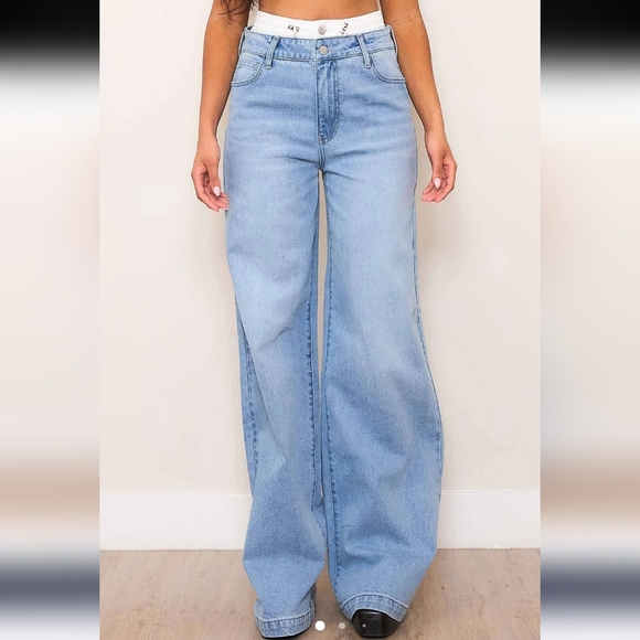 Vibrant Miu Double Waist Band Wide Leg Jeans Medium Light Stone Size M - Picture 1 of 10
